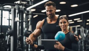 A personal trainer guiding a client through a workout, monitoring their form and providing encouragement