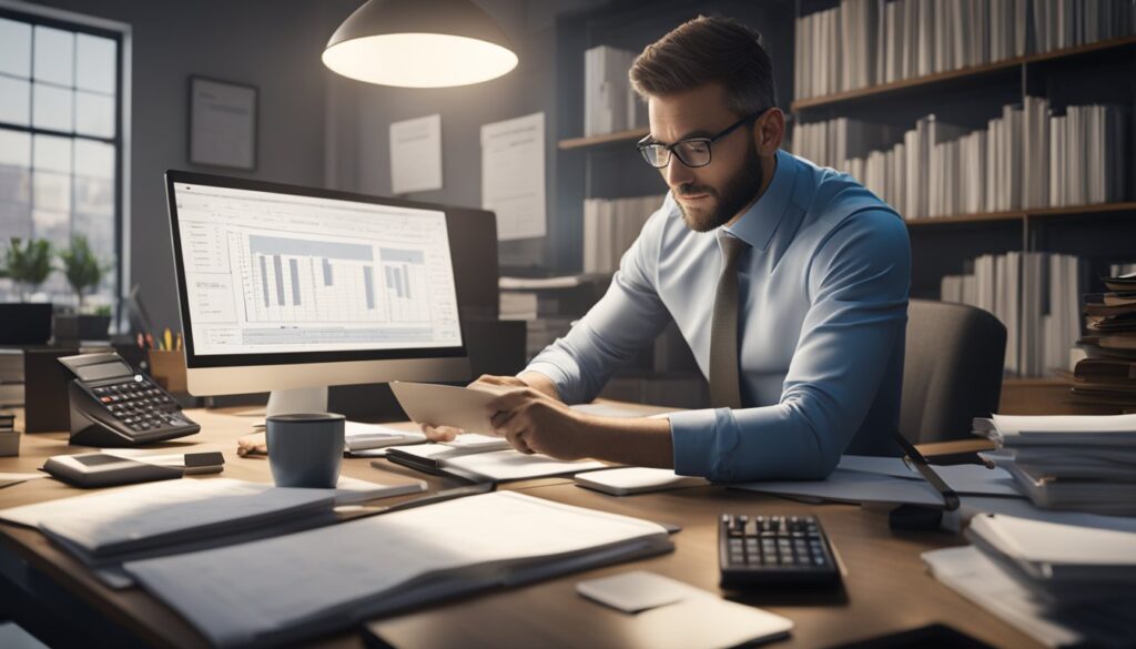 A professional accountant working at a desk, surrounded by financial documents, using a calculator and computer to analyze data with a focused expression