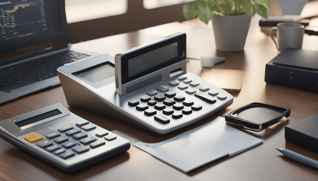 A calculator, financial reports, and a magnifying glass on a desk