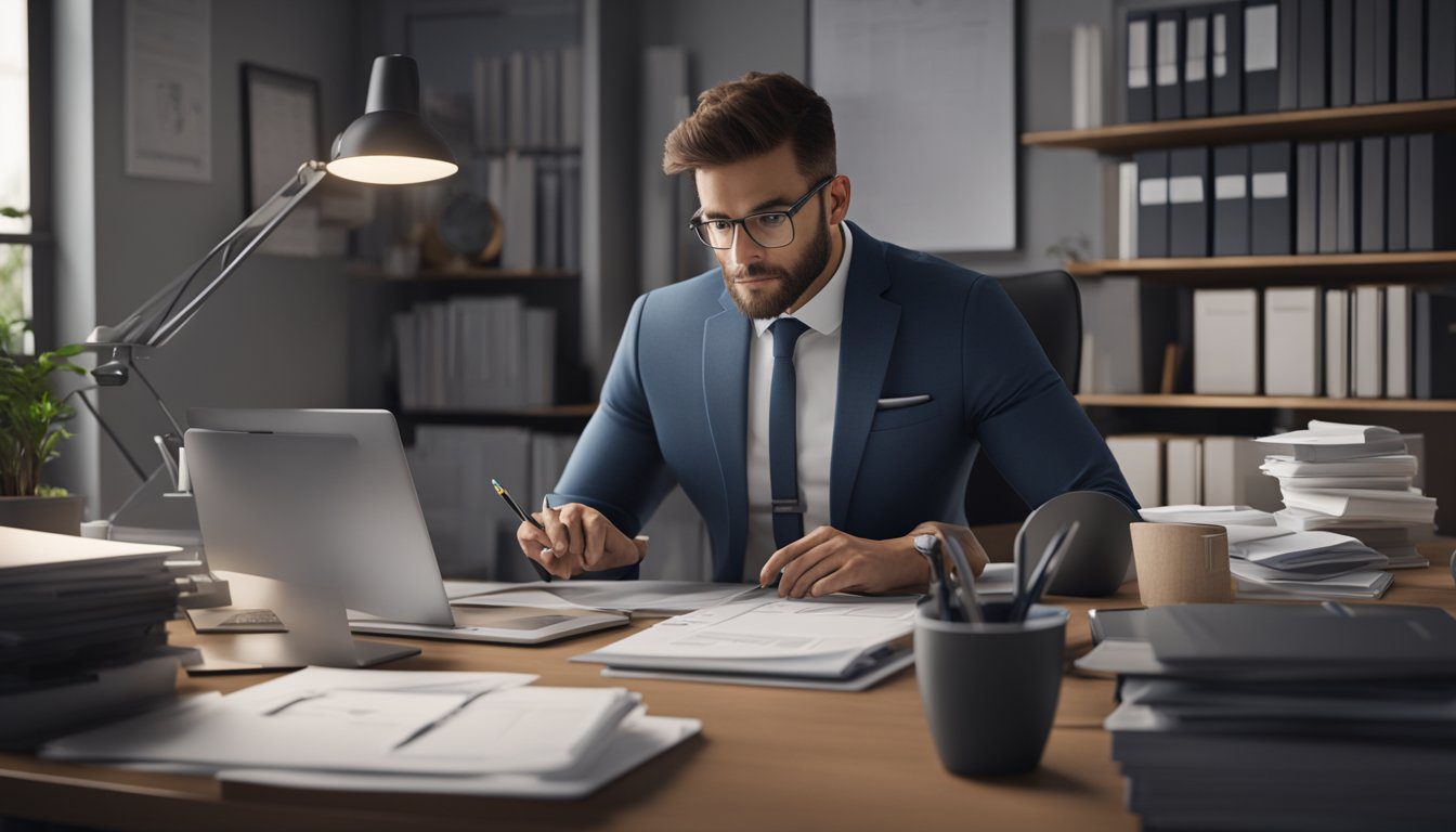 A professional accountant working at a desk with a computer, calculator, and organized files. They are focused and attentive to detail