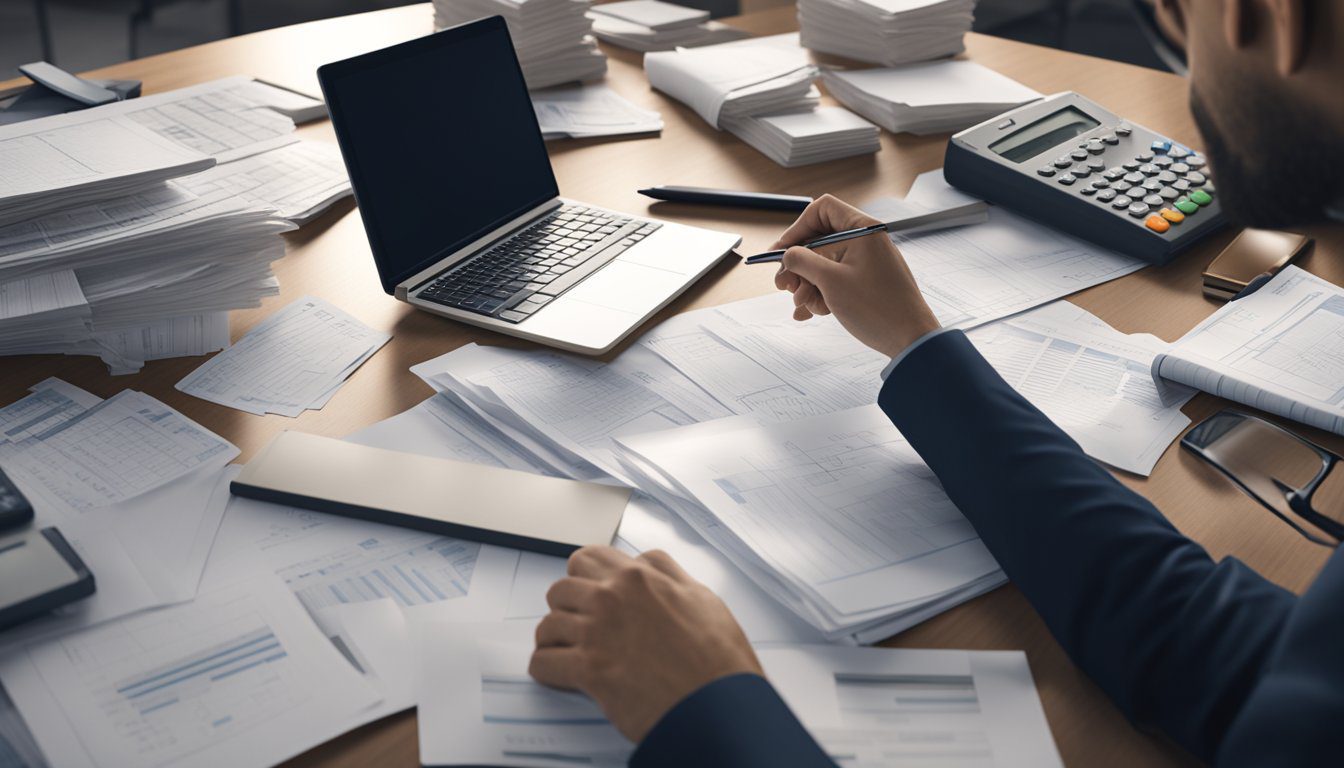 A professional accountant surrounded by financial documents and using a calculator to analyze data